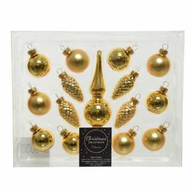 Gouden glazen kerstballen en piek set voor mini kerstboom 15-dlg