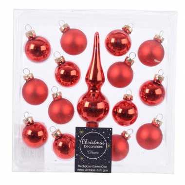 Kerstballen en piek pakket voor mini kerstboom rood 15 stuks