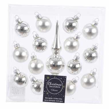 Kerstballen en piek pakket voor mini kerstboom zilver 15 stuks