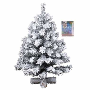 Kunst kerstboompje groen met sneeuw 60 cm inclusief gekleurde kerstverlichting