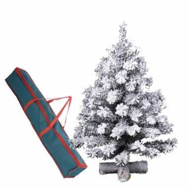 Kunst kerstboompje groen/sneeuw 90 cm op kruis inclusief opbergzak