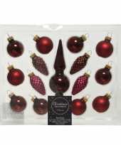 Donkerrode glazen kerstballen en piek set voor mini kerstboom 15 dlg