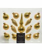 Gouden glazen kerstballen en piek set voor mini kerstboom 15 dlg