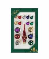 Luxe gekleurde glazen kerstballen en piek set voor mini kerstboom 16 dlg