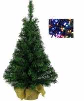 Volle mini kerstboom groen in jute zak 45 cm met gekleurde kerstverlichting