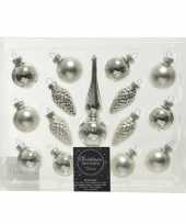 Zilveren glazen kerstballen en piek set voor mini kerstboom 15 dlg
